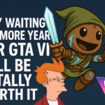 Five Reasons Why Waiting One More Year for GTA VI Will Be Totally Worth It" with GameLikeADutchie mascot & Fin making weird eyes. On the right the logo of GTA VI