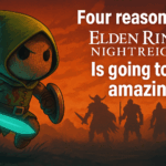 Elden Ring: Nightreign trio of adventurers standing under a blood-red sky in fantasy armor.