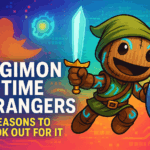 A vibrant 2D digital illustration thumbnail for an article about “Digimon Time Strangers.” ThreadBlade stands confidently, holding the shield correctly in their hand. The background features colorful digital patterns with subtle Digimon-inspired elements, like a faint silhouette of Agumon and a Digi-vice glowing in the distance. The overall tone is adventurous and nostalgic. Bold, clear text reads: “Digimon Time Strangers – 5 Reasons to Look Out For It.”