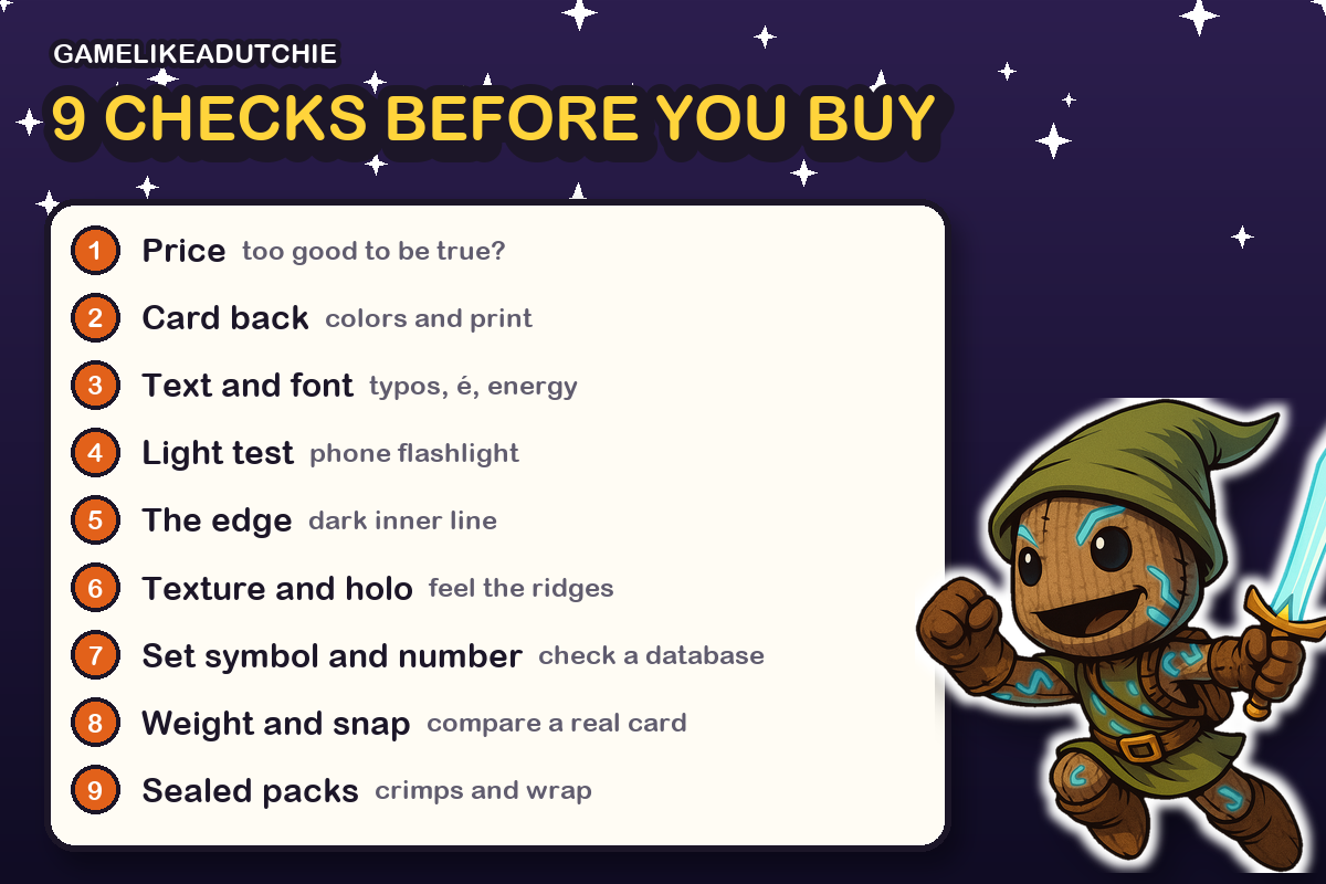 Checklist with 9 ways to spot fake Pokémon cards, with the GameLikeADutchie mascot ThreadBlade